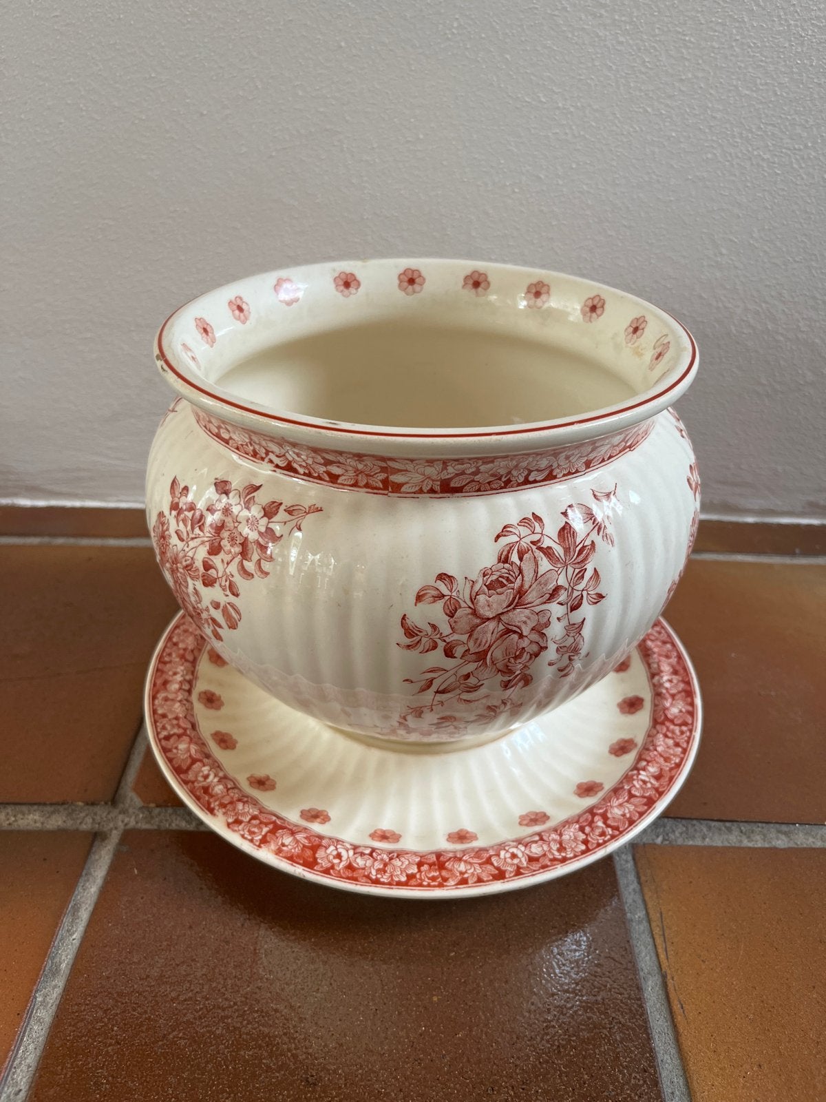 Antieke Petrus Regout Bloempot met Schotel – Flower Rood, Antiek en Kunst, Ophalen