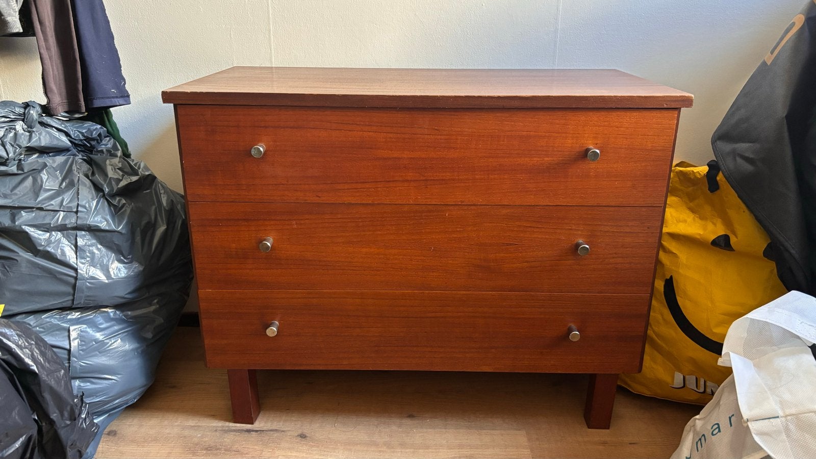 Vintage houten ladekast met 3 lades, Ophalen, Gebruikt, 50 tot 100 cm, Met lade(s)