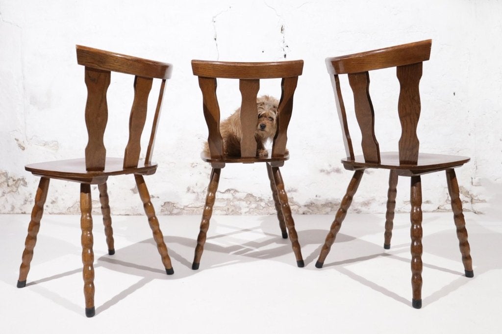 Set van 3 brutalist stoelen met gedraaide poten, Ophalen, Hout, Gebruikt, Brutalist