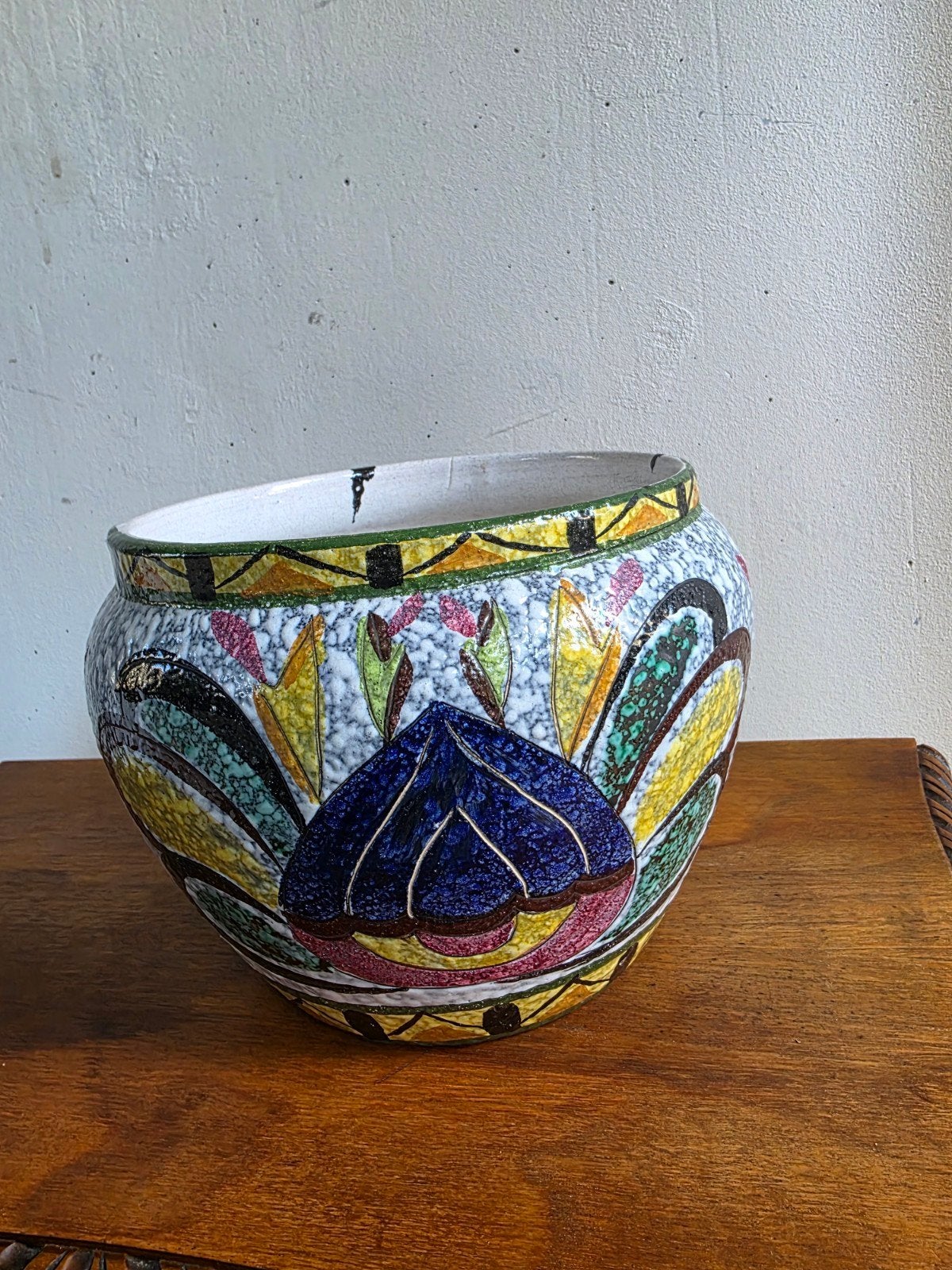 Vintage handbeschilderde art pottery bloempot / cachepot, Ophalen