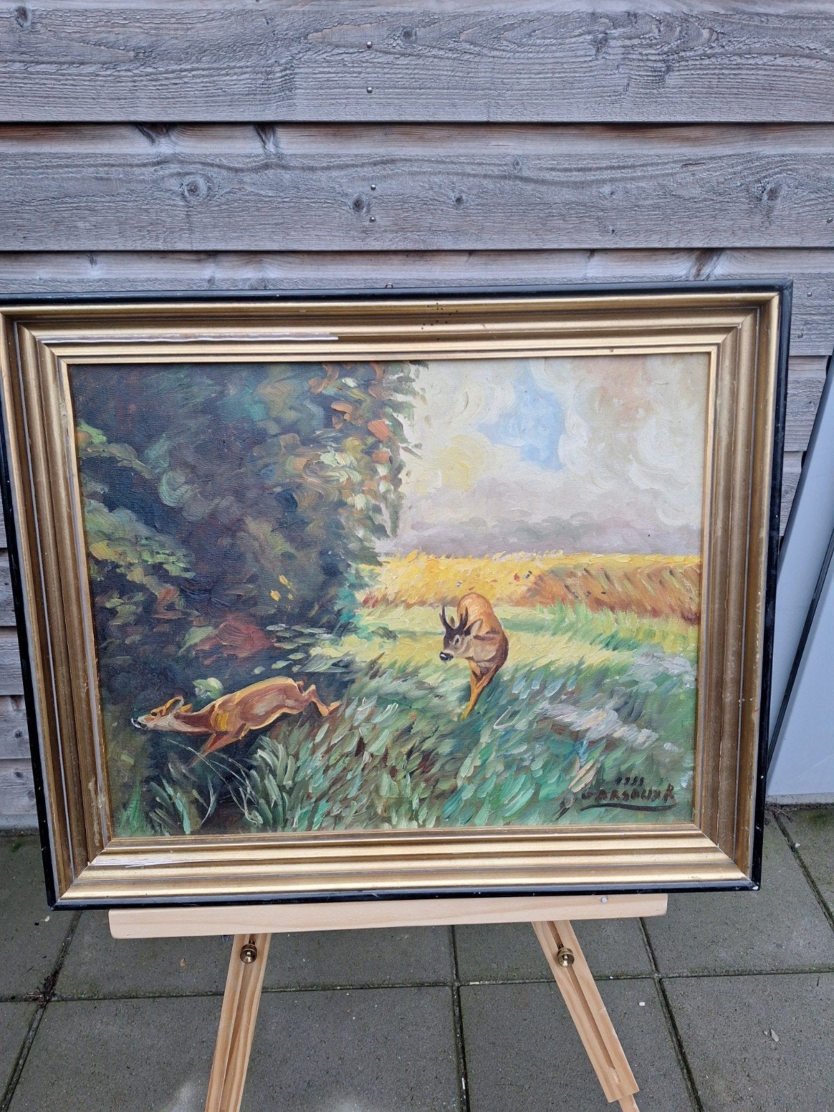 Olieverfschilderij met reeën, gesigneerd Garsaux, 1958, Antiek en Kunst, Ophalen of Verzenden