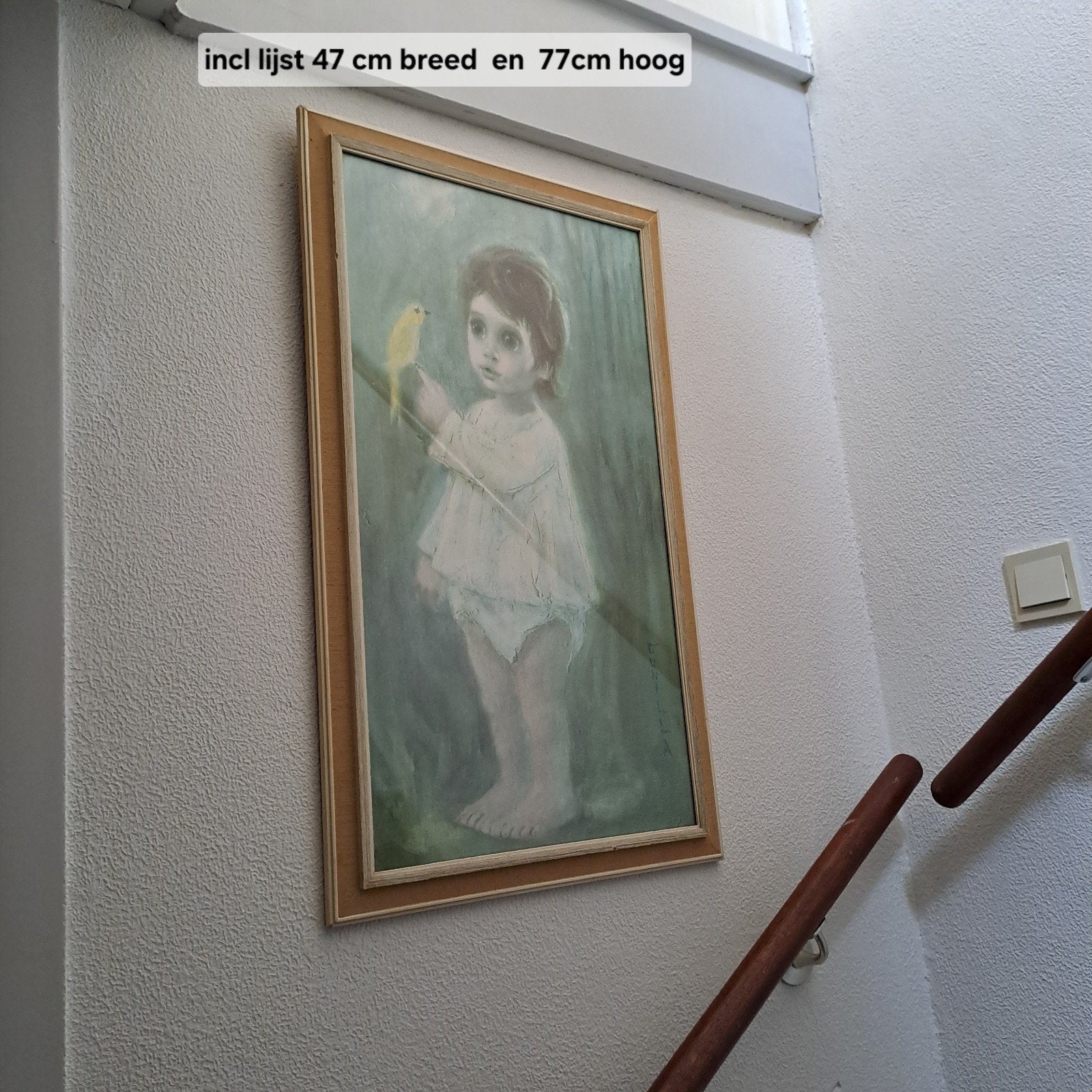 Vintage Schilderij: Kind met Gele Vogel - Grote Ogen Stijl, Ophalen