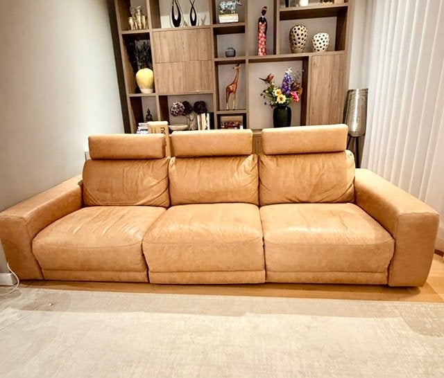 Balok Leren 3-Zits Bank – Cognac – Elektrische  – 299 cm, Huis en Inrichting, Ophalen, 250 tot 300 cm, Gebruikt, Modern en tijdloos, cognac leer, luxe uitstraling