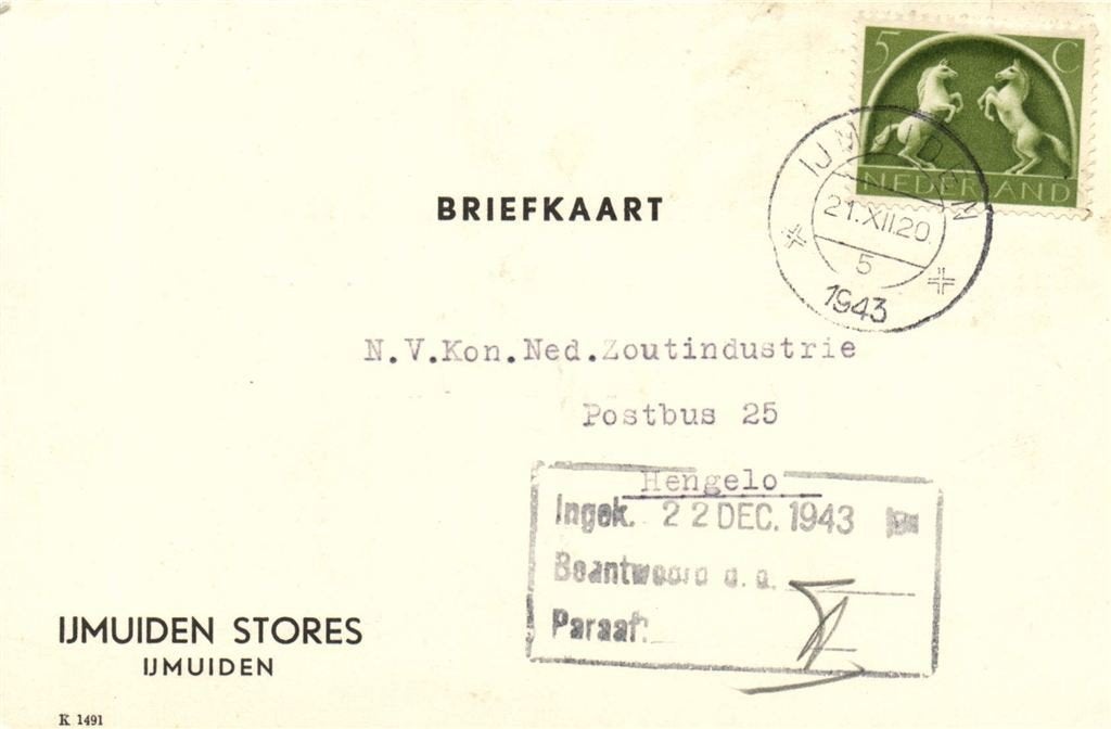 IJmuiden Stores, IJmuiden - 12.1943 - briefkaart, Ophalen of Verzenden, Briefkaart