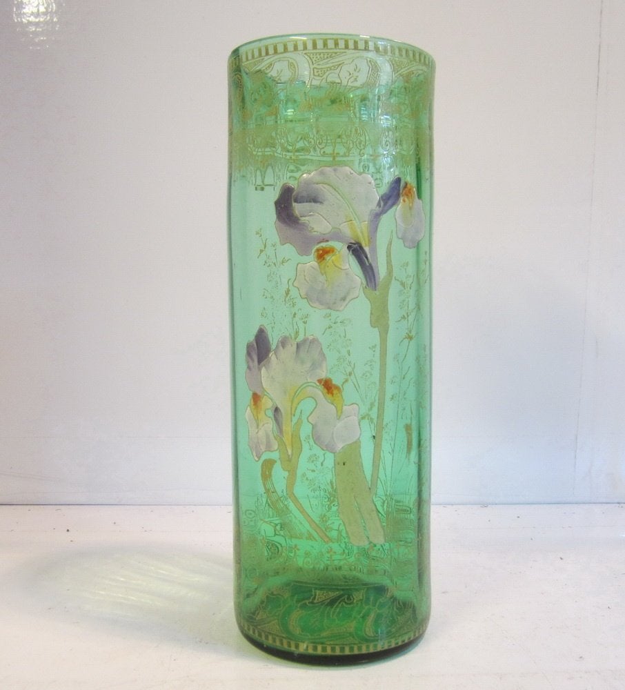 antieke Legras vaas met iris, email, ca 1910 H 26 cm, Verzenden