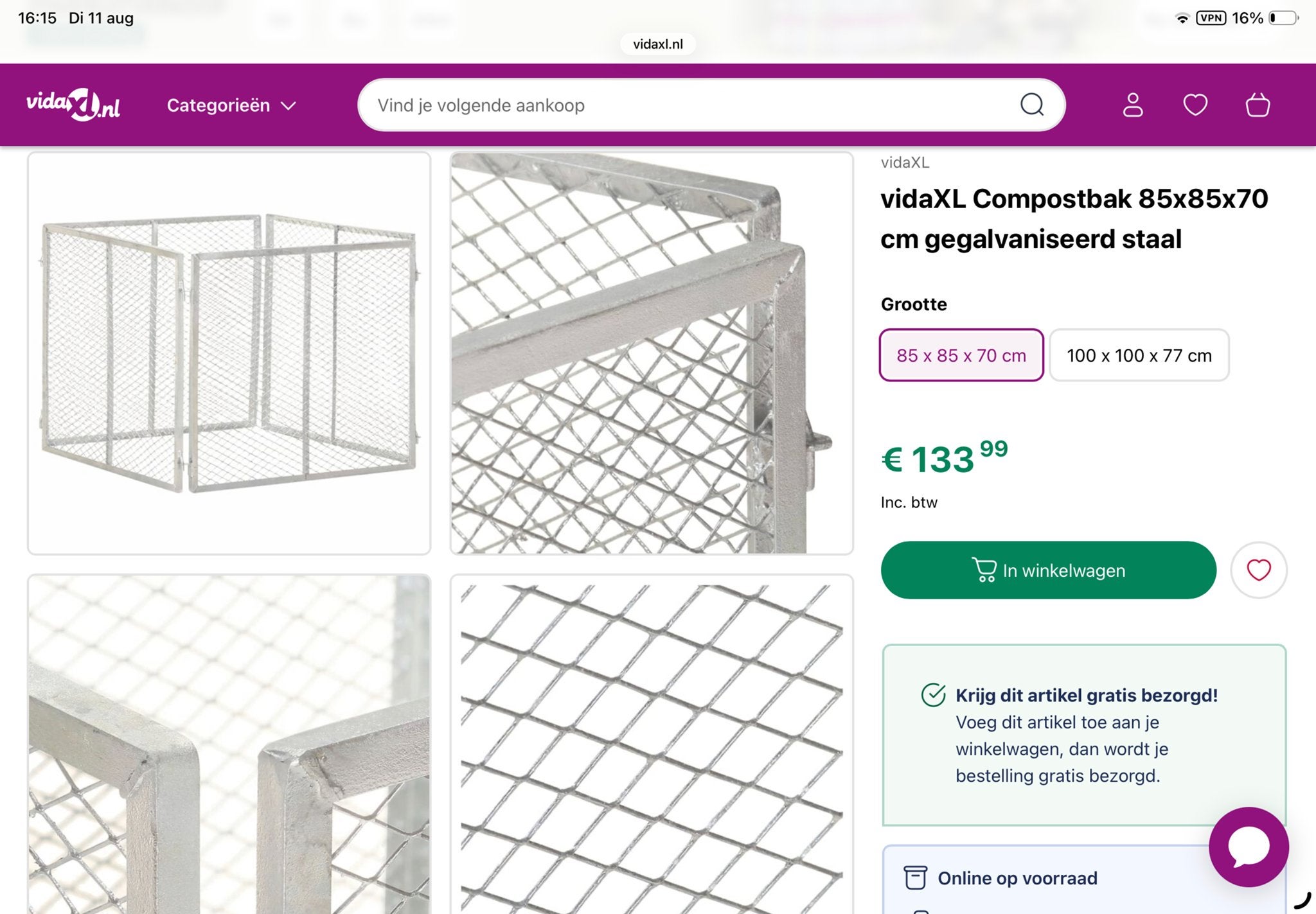 vidaXL Compostbak 85x85x70 cm gegalvaniseerd staal, Ophalen, Gebruikt