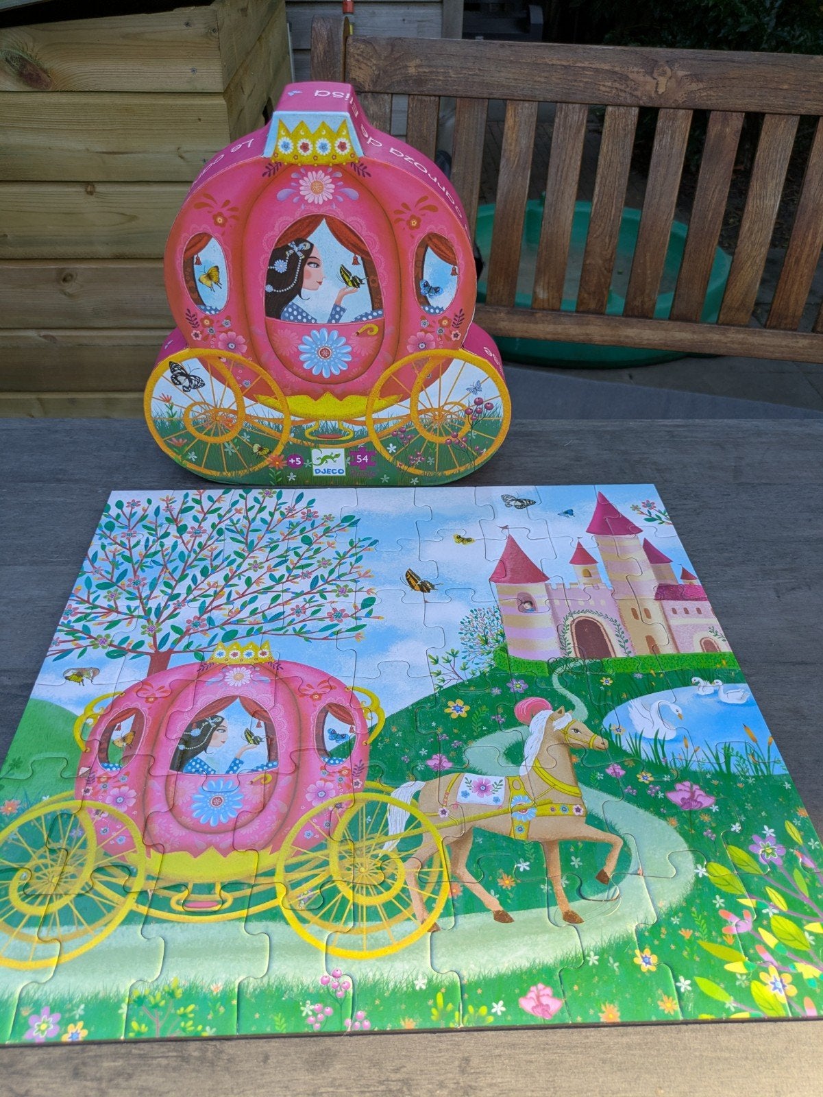 Djeco puzzel 54 stuks Elise koets carriage, Ophalen of Verzenden, Meer dan 50 stukjes, Gebruikt, 4 tot 6 jaar