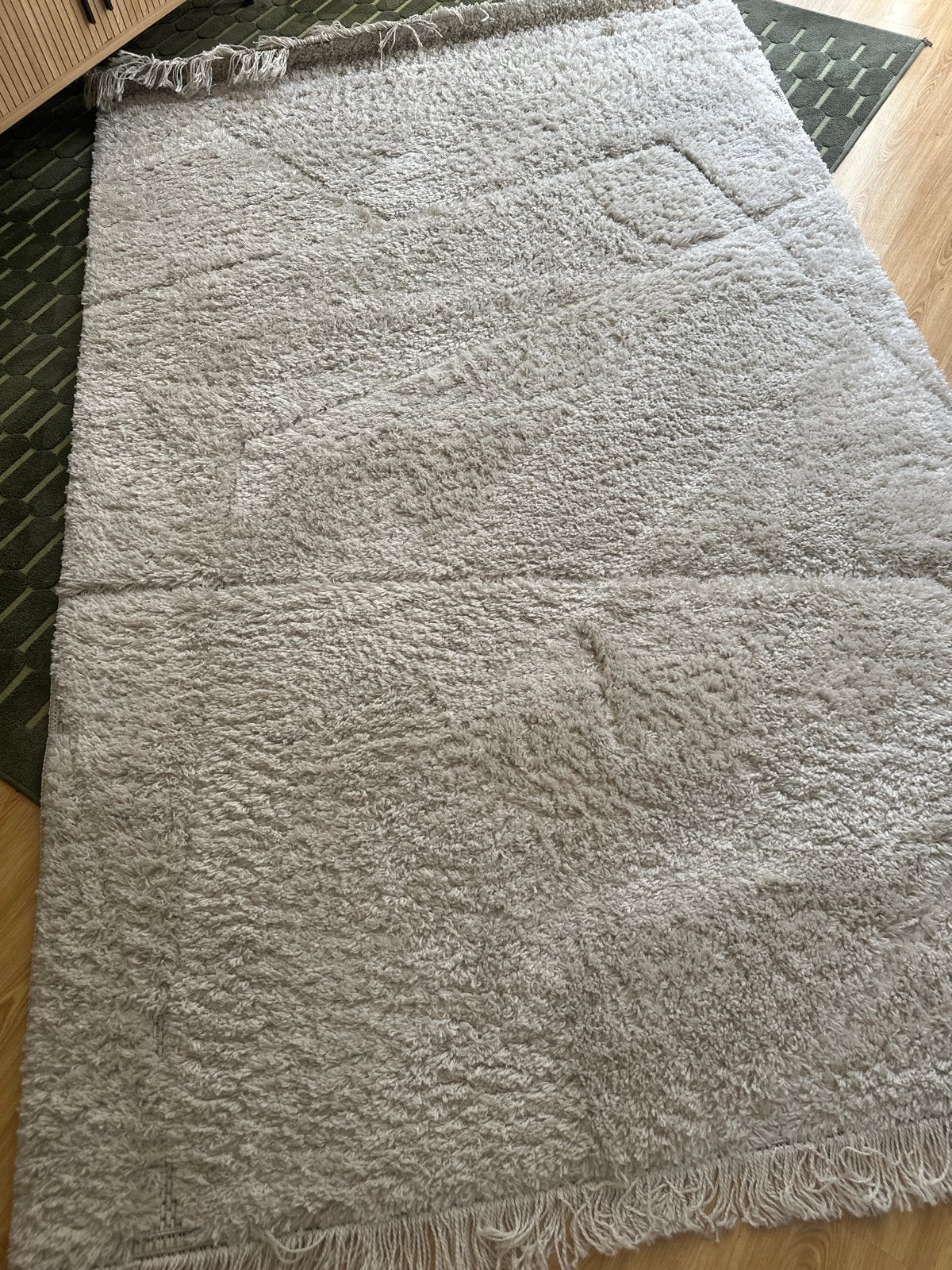 Beige vloerkleed met franjes 230 x 155 cm, Ophalen, Gebruikt, 100 tot 150 cm, Grijs