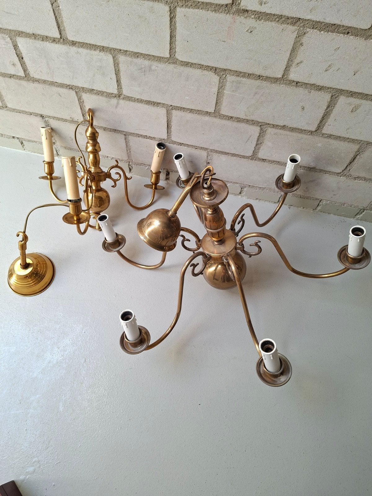 Twee kroonluchters, Geel koper, Huis en Inrichting, Ophalen, Zo goed als nieuw, Metaal, E14 (klein)