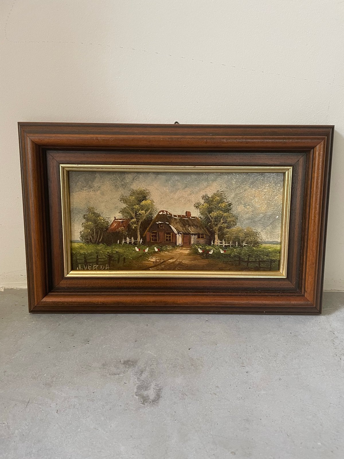 Schilderij met boerderij en kippen, gesigneerd I. Verda, Paneel, Realistisch, Ophalen of Verzenden, Gesigneerd