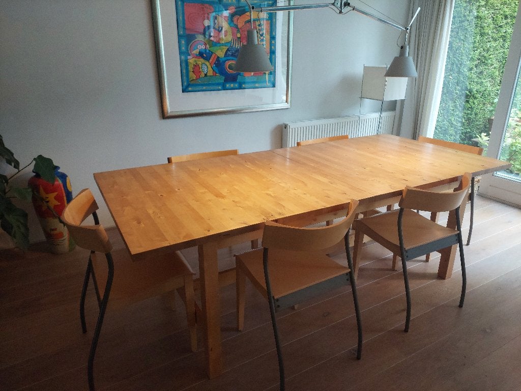 Ikea eettafel (uitschuifbaar) met 6  stoelen, Ophalen, Gebruikt, 200 cm of meer, 50 tot 100 cm