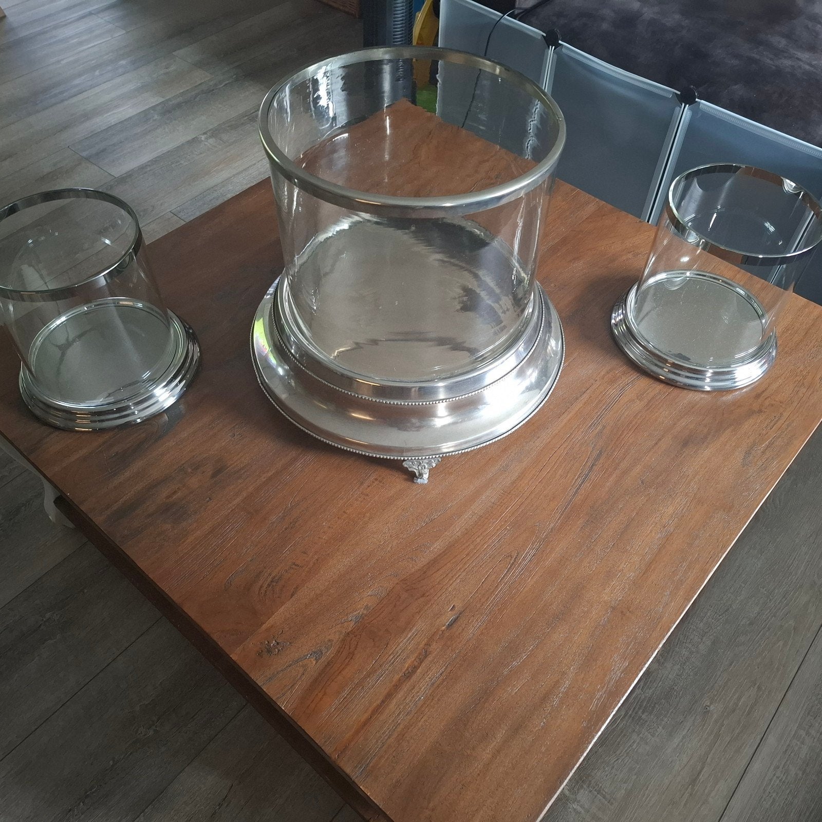 Set van 3 glazen windlichten met zilveren voet, Ophalen, Windlicht, Gebruikt, Glas
