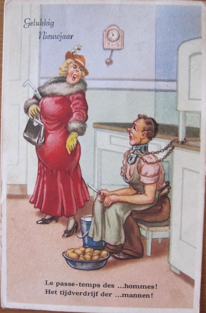 Gelukkig nieuwjaar - cartoon uit 1953 - aardappels schillen, Verzenden, 1940 tot 1960, Gelopen, Overige thema's