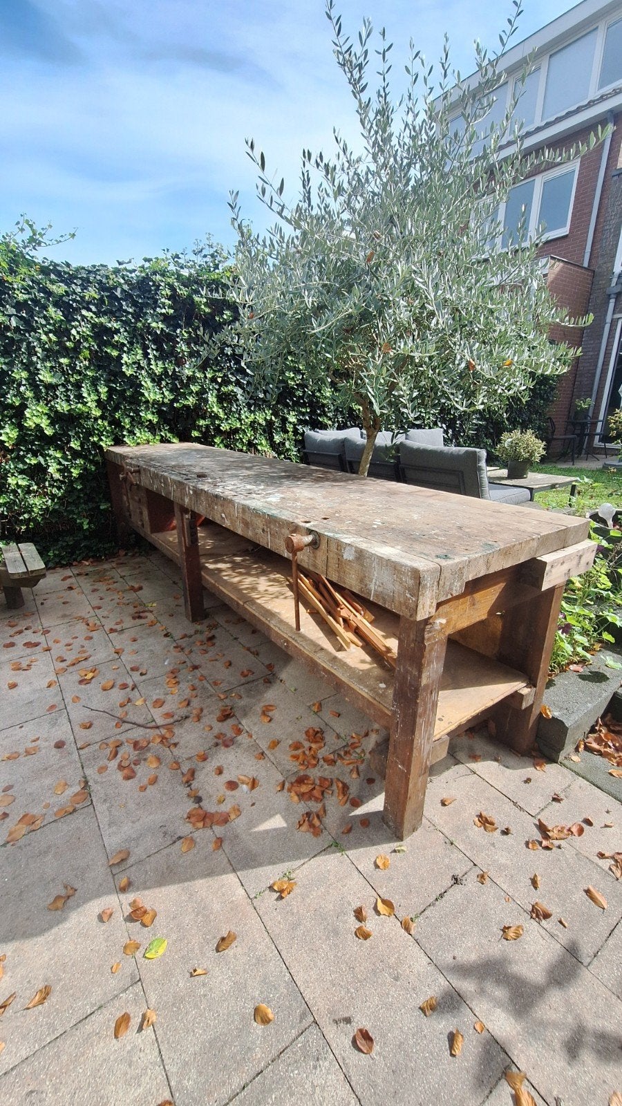 Robuuste massief houten werkbank met bankschroef en lades, Doe-het-zelf en Verbouw, Ophalen, Gebruikt, 70 tot 120 cm, Bankschroef