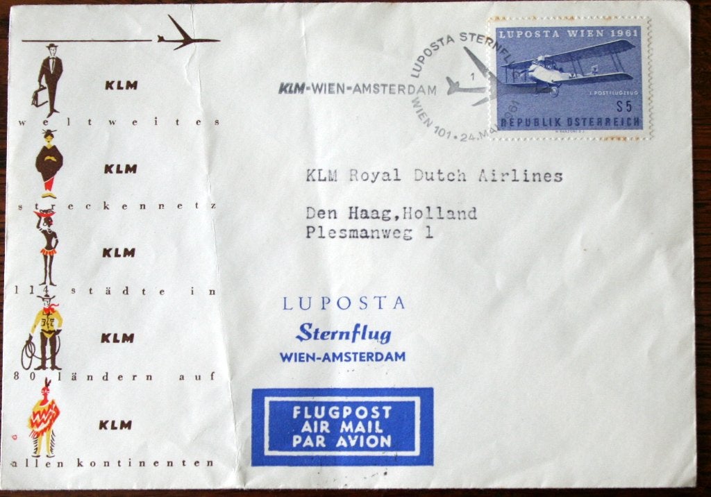 KLM envelop "Sternflug" Wien-Amsterdam 1961, Ophalen of Verzenden, Gebruikt, Kaart, Foto of Prent