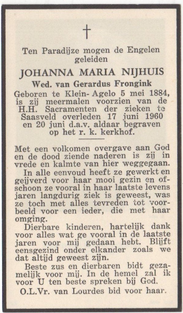 Johanna M. Nijhuis 1884 Klein Agelo + 1960 Saasveld, 76 jr, Verzamelen, Ophalen of Verzenden