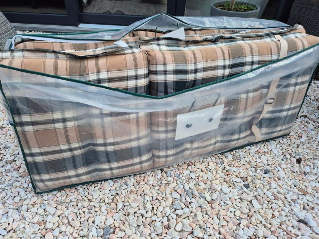 4 geruite tuinkussenset in opbergtas * groen/beige, Ophalen of Verzenden, Zo goed als nieuw