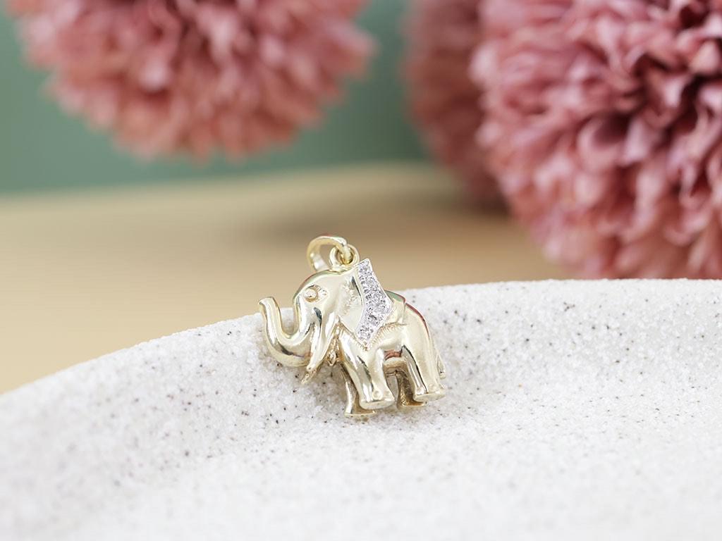 14 Karaat Gouden Olifant Hanger Met Diamanten