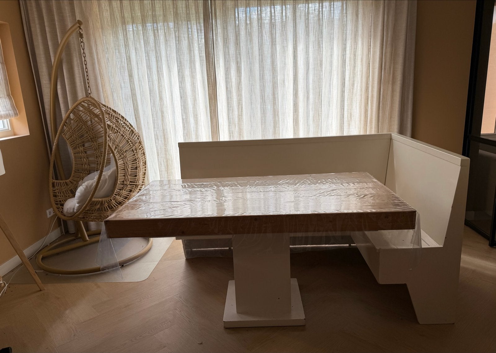 Eettafel 158x90,5x79 cm met hoekbank, Ophalen, Gebruikt, 50 tot 100 cm, Vijf personen of meer