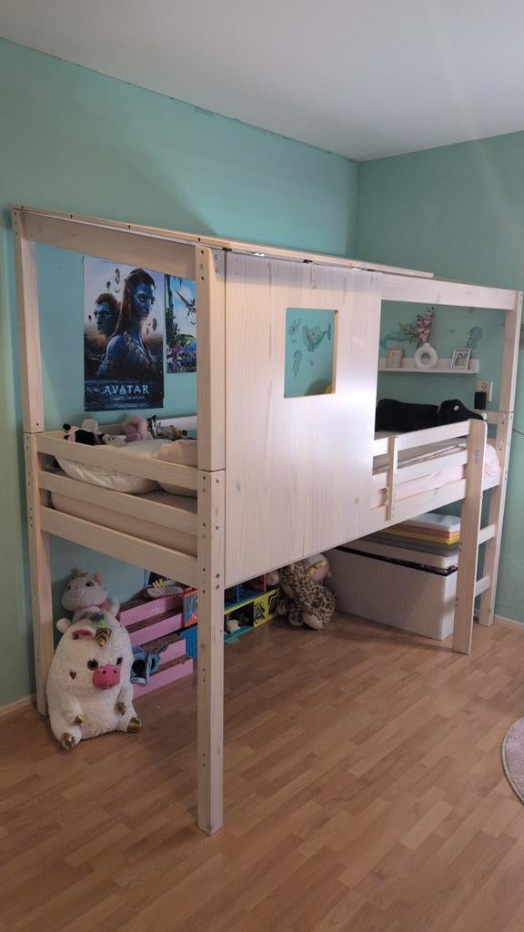Half hoogslaper junglebed met trapje en hut met dak, Eenpersoons, Minder dan 160 cm, Ophalen of Verzenden, Zo goed als nieuw