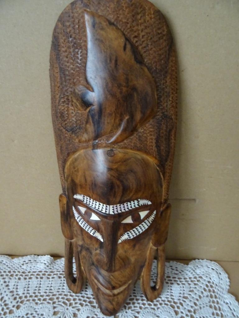 Afrikaans houten masker Kenia belegd met parelmoer 32cm 1980, Ophalen of Verzenden