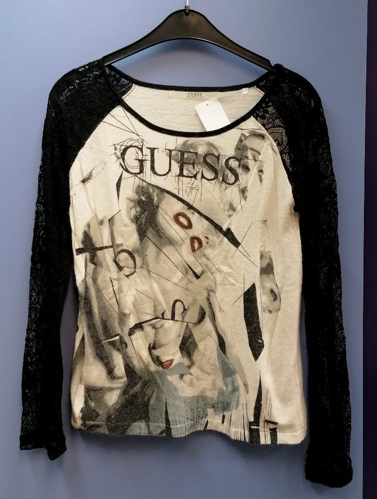 Guess top / truitje creme met print + kant zw. mouw S 40611, Guess, ., Zwart, Guess