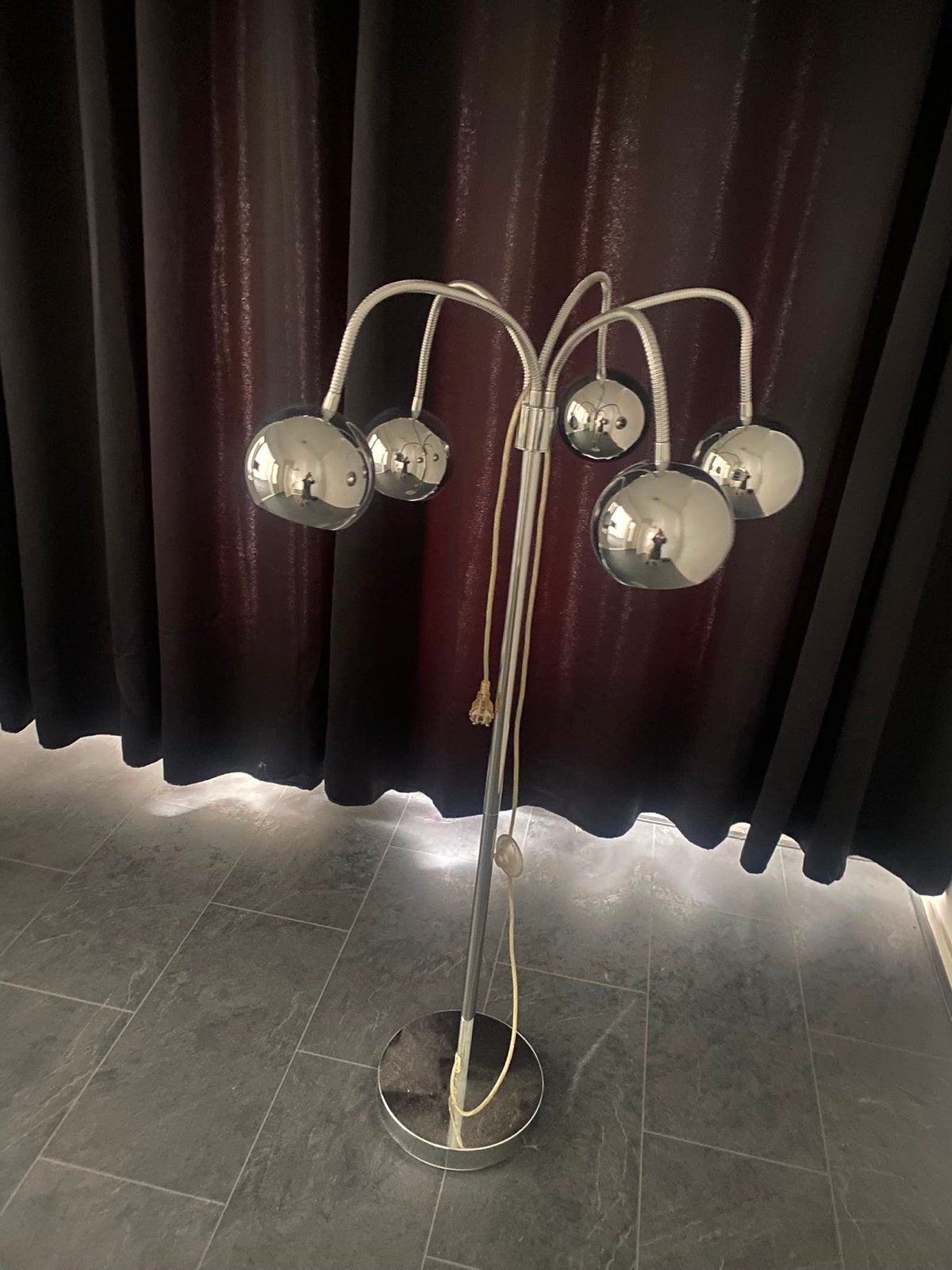 Vintage Chroom Booglamp met 5 Bollen - Jaren '70 Stijl, Ophalen, Gebruikt, E14 (klein), Metaal