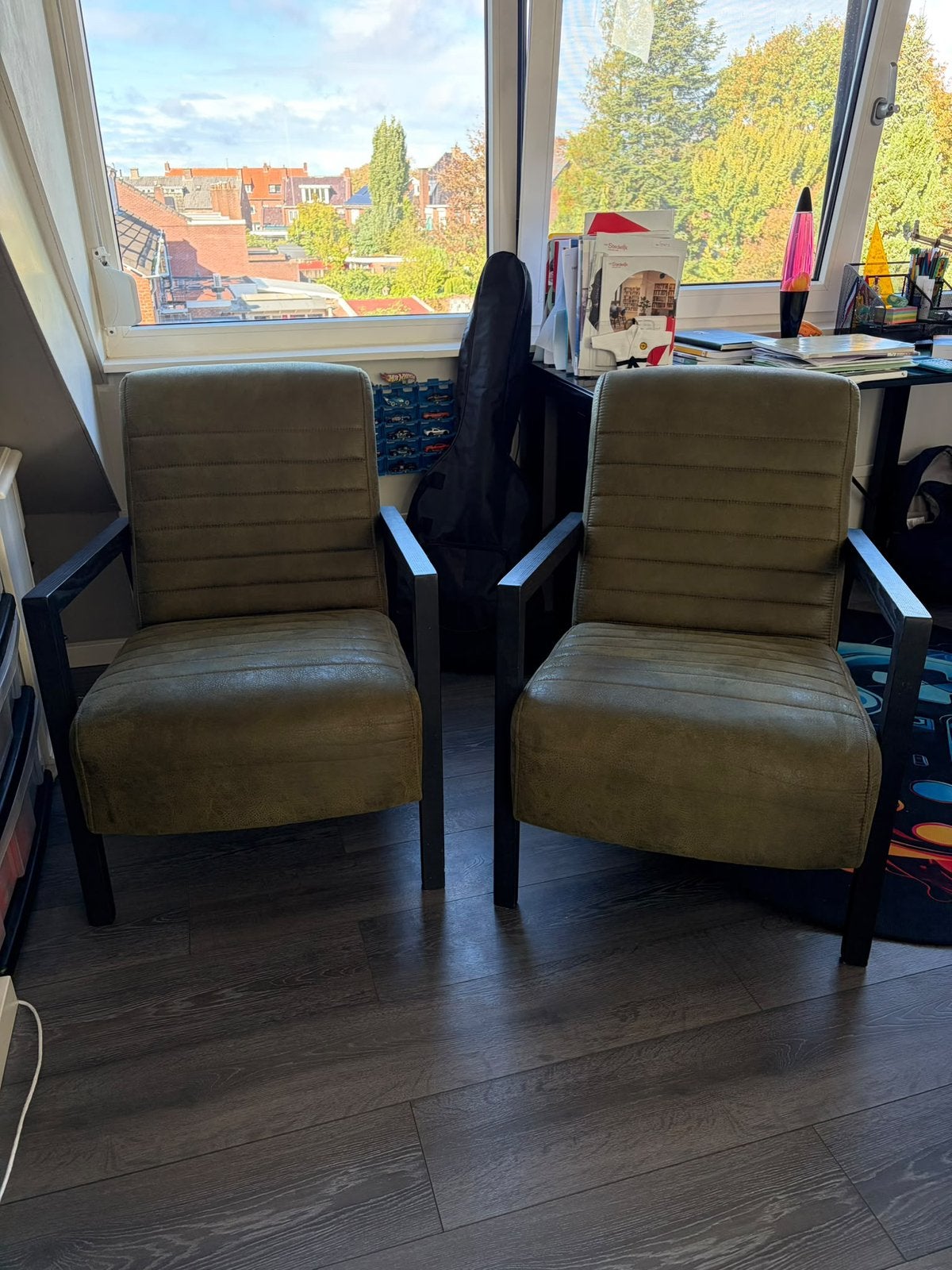 2 stuks groene fauteuils €100, Ophalen, Zo goed als nieuw, 75 tot 100 cm, 50 tot 75 cm