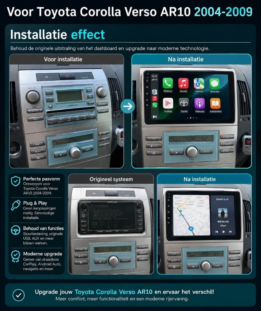 Navigatie Toyota Corolla Verso 2004-2009 android 16 carplay, Nieuw, Dynavin, Verkoop@inbouwnavigatie.com, Oberonweg 262