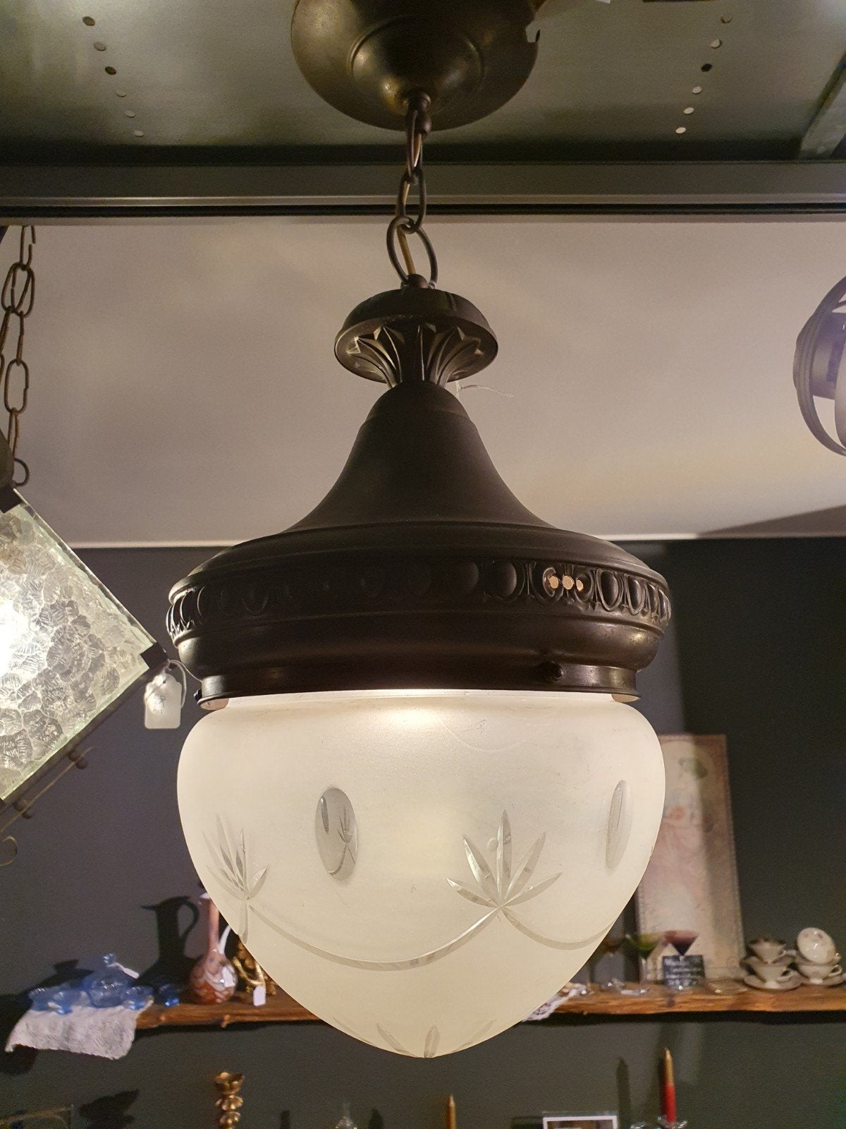 Antieke Hanglamp met Matglazen Kap, Antiek en Kunst, Ophalen