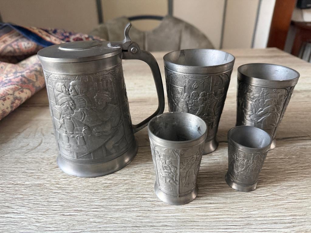 Tinnen Bierkan met 4 Tinnen Bekers., Antiek en Kunst, Ophalen of Verzenden