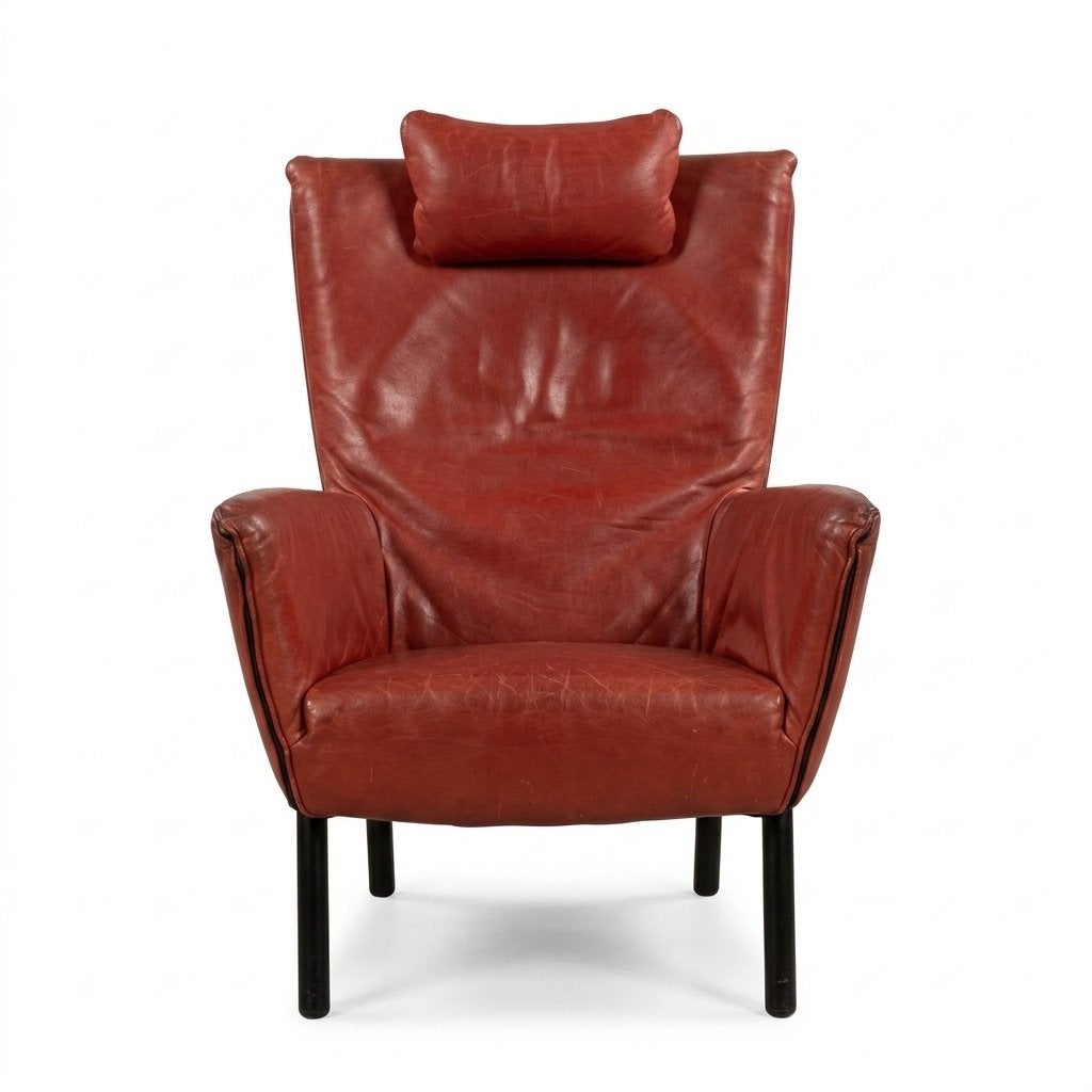 Vintage design fauteuil hoge rug bordeaux leer jaren 80, Huis en Inrichting, Ophalen, Gebruikt, 50 tot 75 cm, Leer
