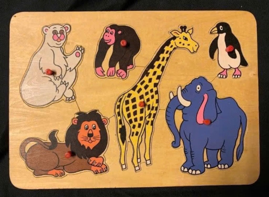 Houten kinderpuzzel dierentuin dieren, dierentuindieren, aap, Ophalen of Verzenden, Minder dan 10 stukjes, Zo goed als nieuw, Van hout