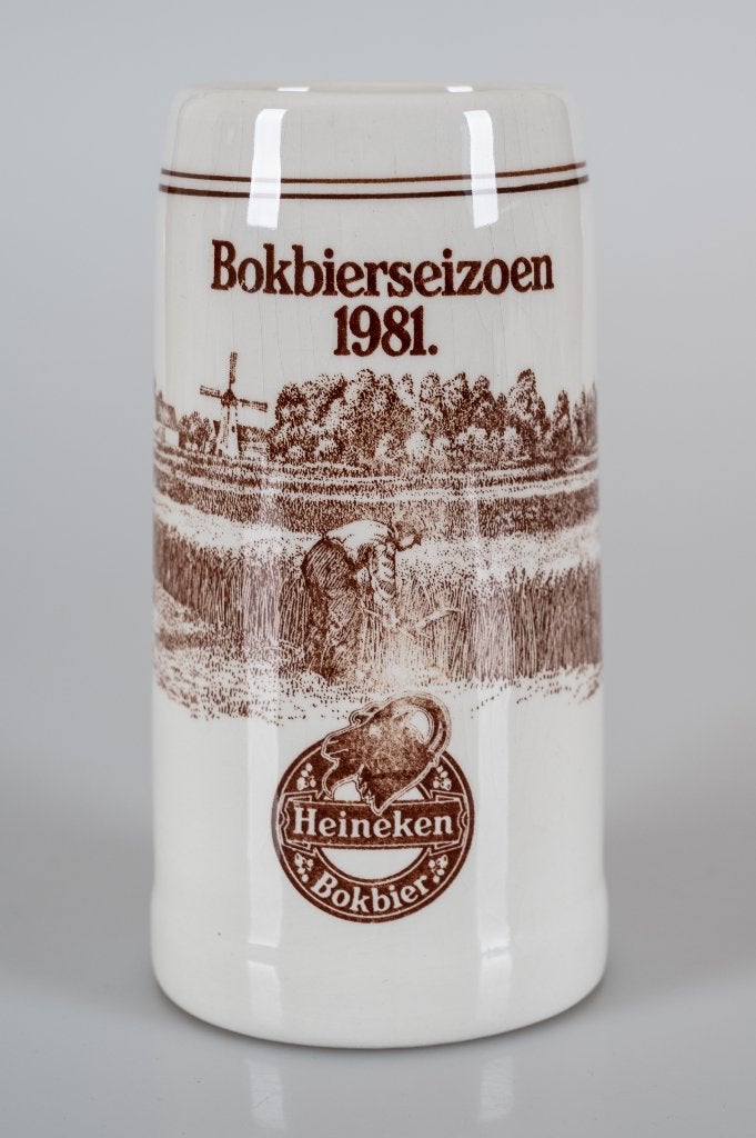 Heineken bierpul Bokbier seizoen 1981, Verzamelen, Biermerken, Ophalen of Verzenden, Gebruikt, Pul(len), Heineken
