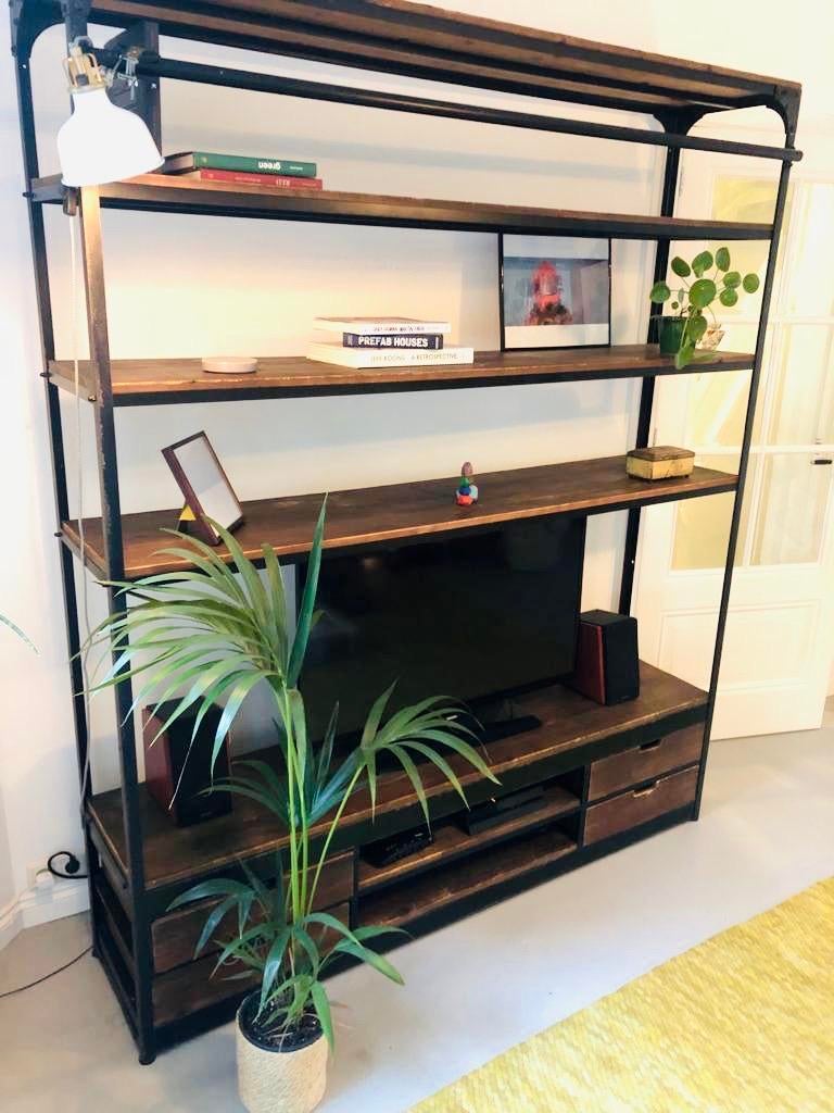 Rootsmann Industriële Boekenkast met Ladder, Ophalen, 200 cm of meer, 150 tot 200 cm, Zo goed als nieuw