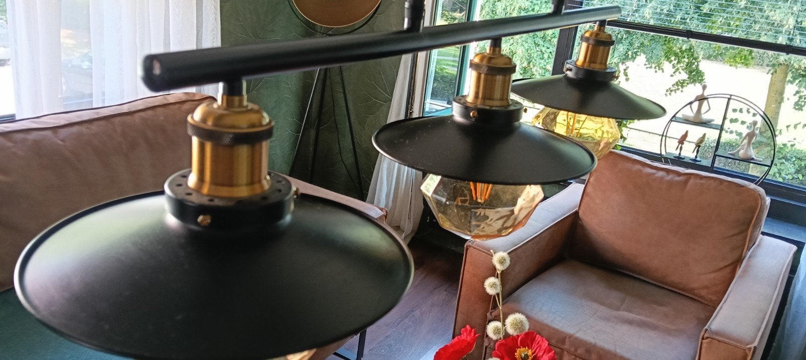 2 XIndustriële hanglamp met 3 kappen - Zwart/Goud, Ophalen, E27 (groot), Zo goed als nieuw, Metaal