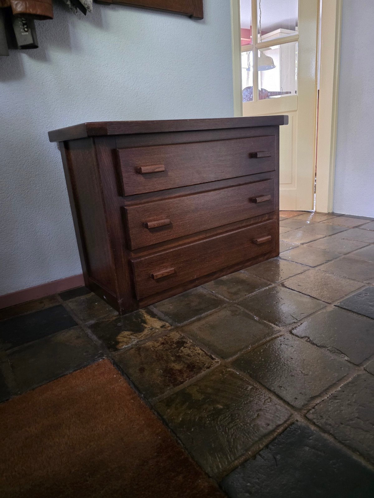 Eikenhouten houten ladekastje met bijpassende spiegel, Ophalen, Rechthoekig, 50 tot 75 cm, 100 tot 150 cm