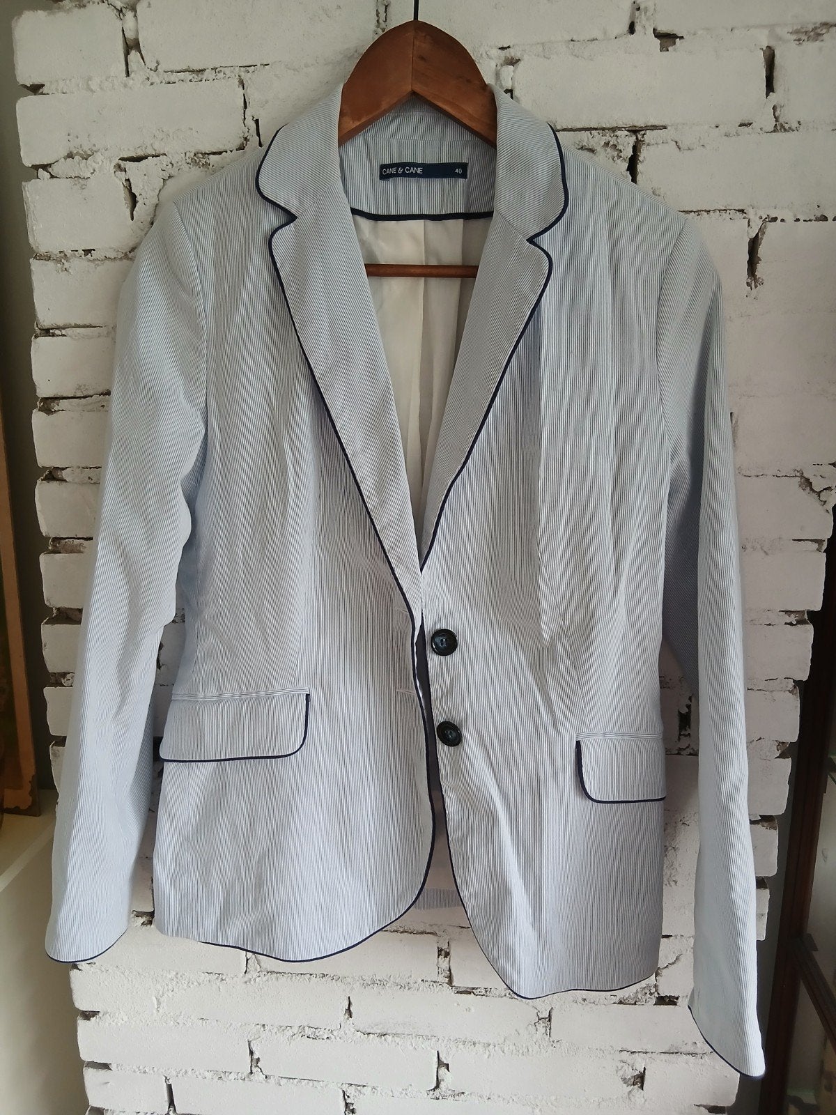 Cane&cane colbert lichtblauw wit streepje blauwe bies 40, Maat 38/40 (M), Blauw, Cane&cane, Ophalen of Verzenden
