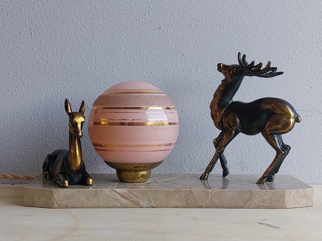 Art Deco hertenlamp zamak op marmer met roze glazen bol, Ophalen of Verzenden