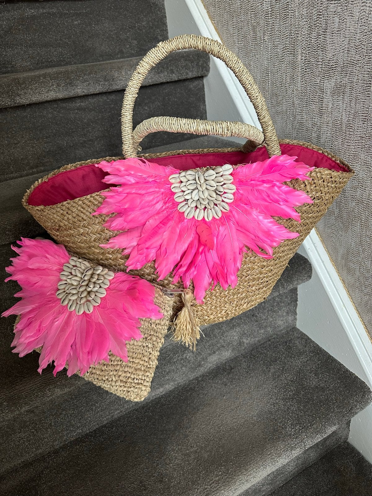Leuk cadeau strandtas met bijpassend tasje - Roze veren, Ophalen, Nieuw, Roze, Shopper