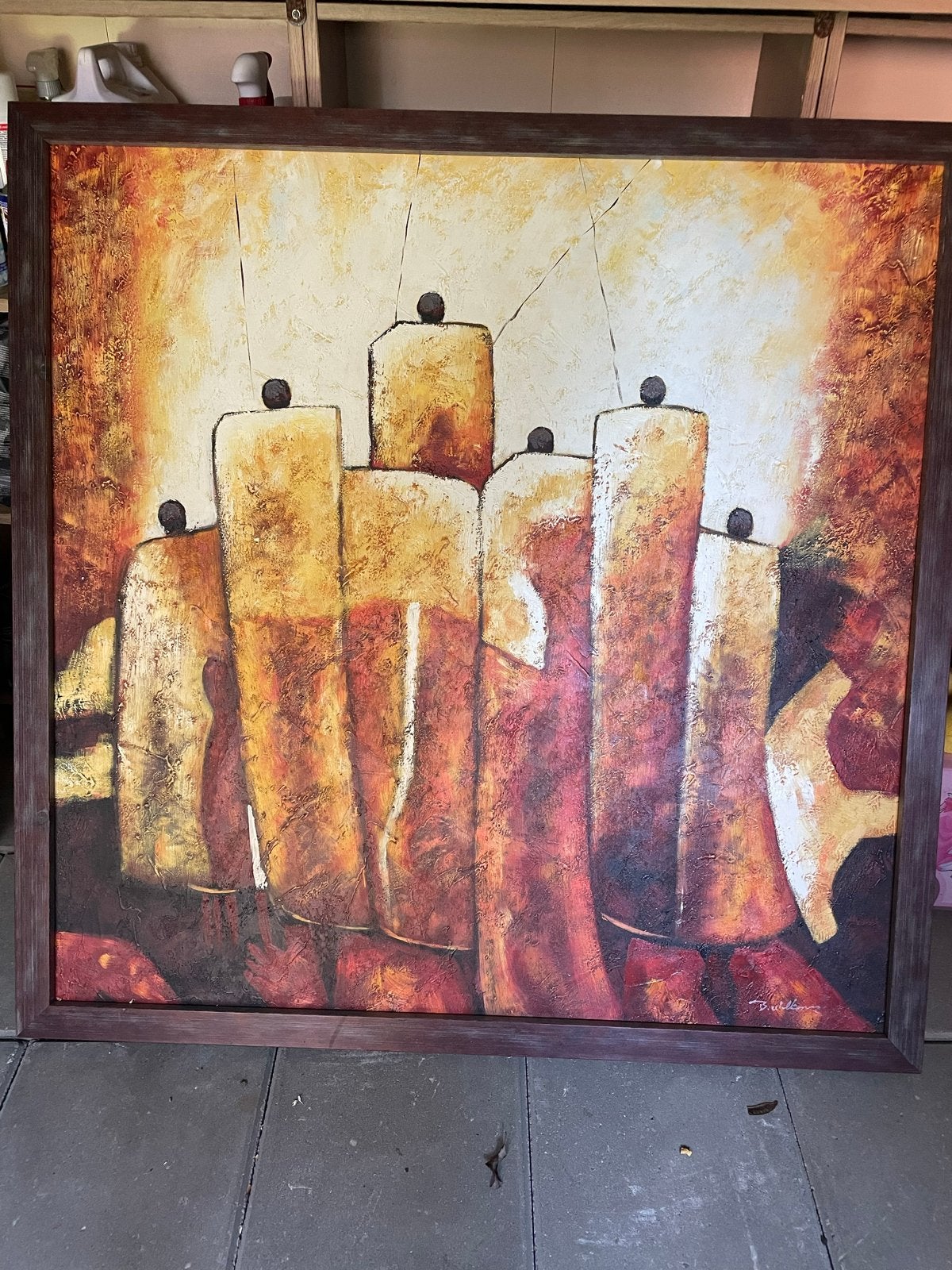 Abstract schilderij met warme tinten en figuren, Ophalen of Verzenden