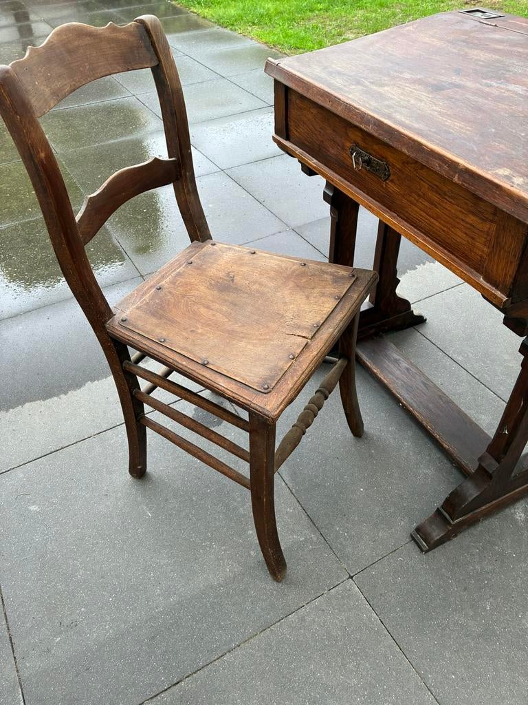 Antieke schoolbank met stoel, massief hout, Ophalen