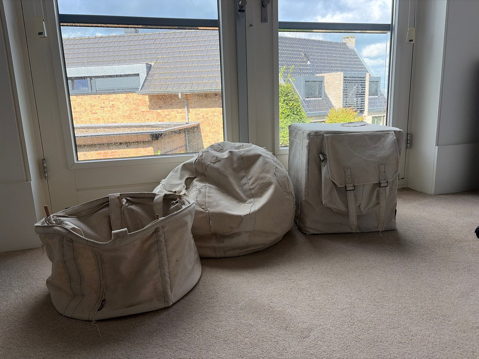 Set van 3 beige canvas opbergers/poefs, Ophalen, Gebruikt, Beige, Modern
