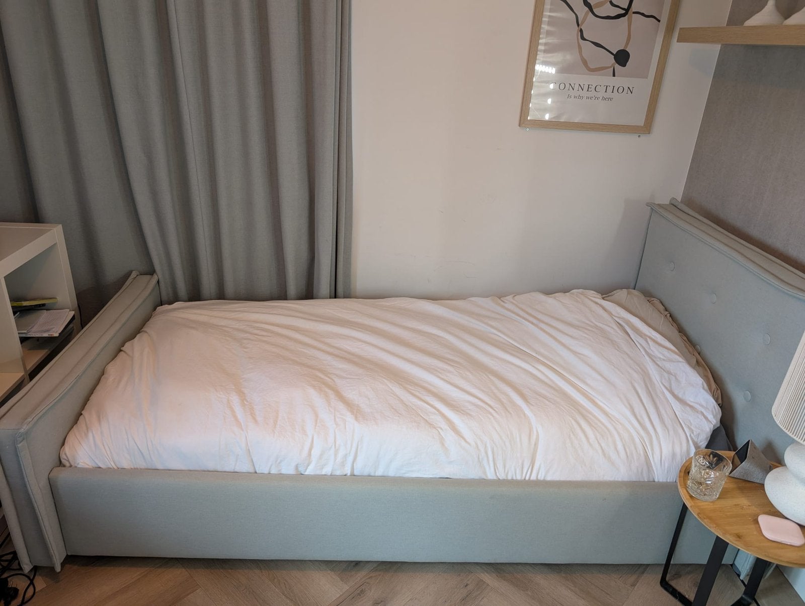 Eenpersoonsbed 90x200 cm van stof - Mintgroen, Ophalen, 90 cm, Eenpersoons, Zo goed als nieuw