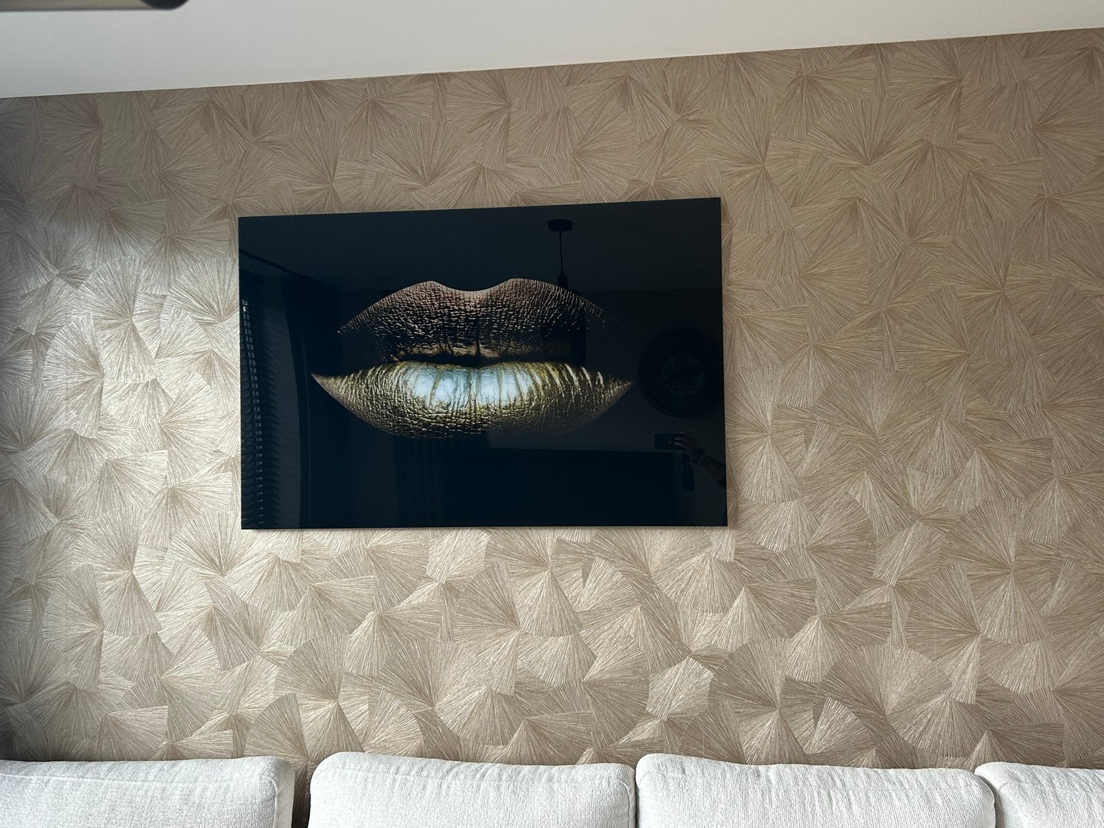 Plexiglas schilderij  Golden Lips/ lippen 120x80, Huis en Inrichting, Ophalen of Verzenden, Zo goed als nieuw, 100 tot 125 cm
