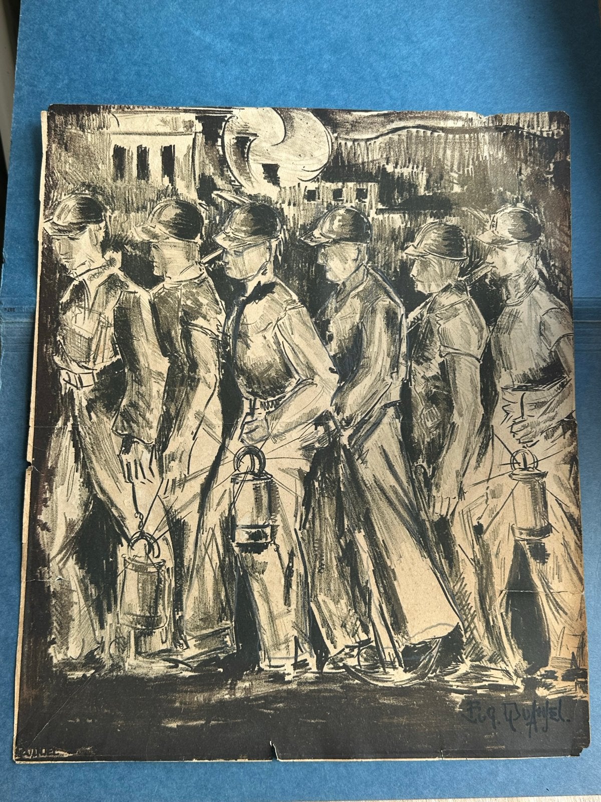 Originele Houtskooltekening Mijnwerkers door Eugene Quanjel, Ophalen of Verzenden, Tekening, Houtskooltekening, Gesigneerd