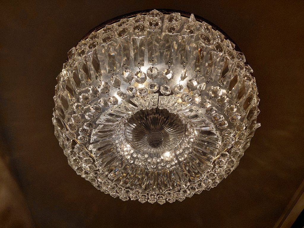 Vintage kristallen kroonluchter jaren ’60 – Palazzo stijl, Huis en Inrichting, Gebruikt, E27 (groot), Glas, Antiek