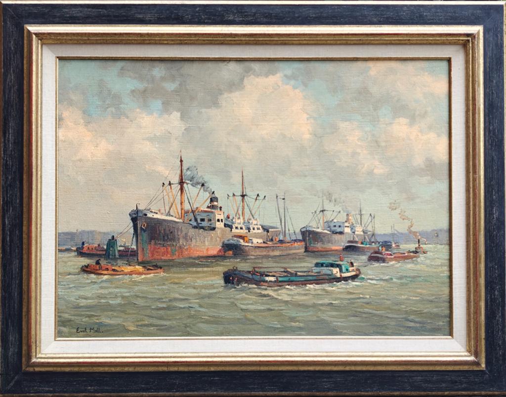 Maritiem schilderij 'Havengezicht Rotterdam' naar Evert Moll, Ophalen of Verzenden