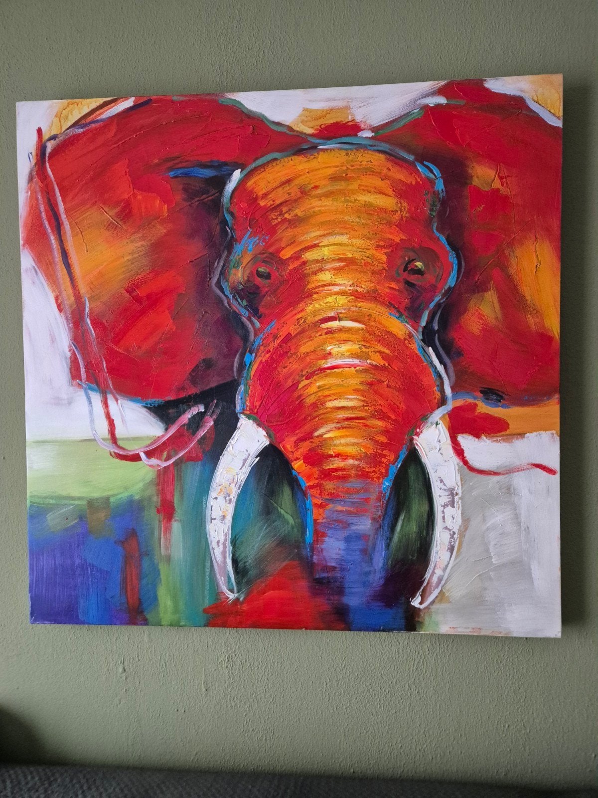Te koop mooi schilderij van een olifant, Ophalen, Gebruikt, Schilderij, 75 tot 100 cm