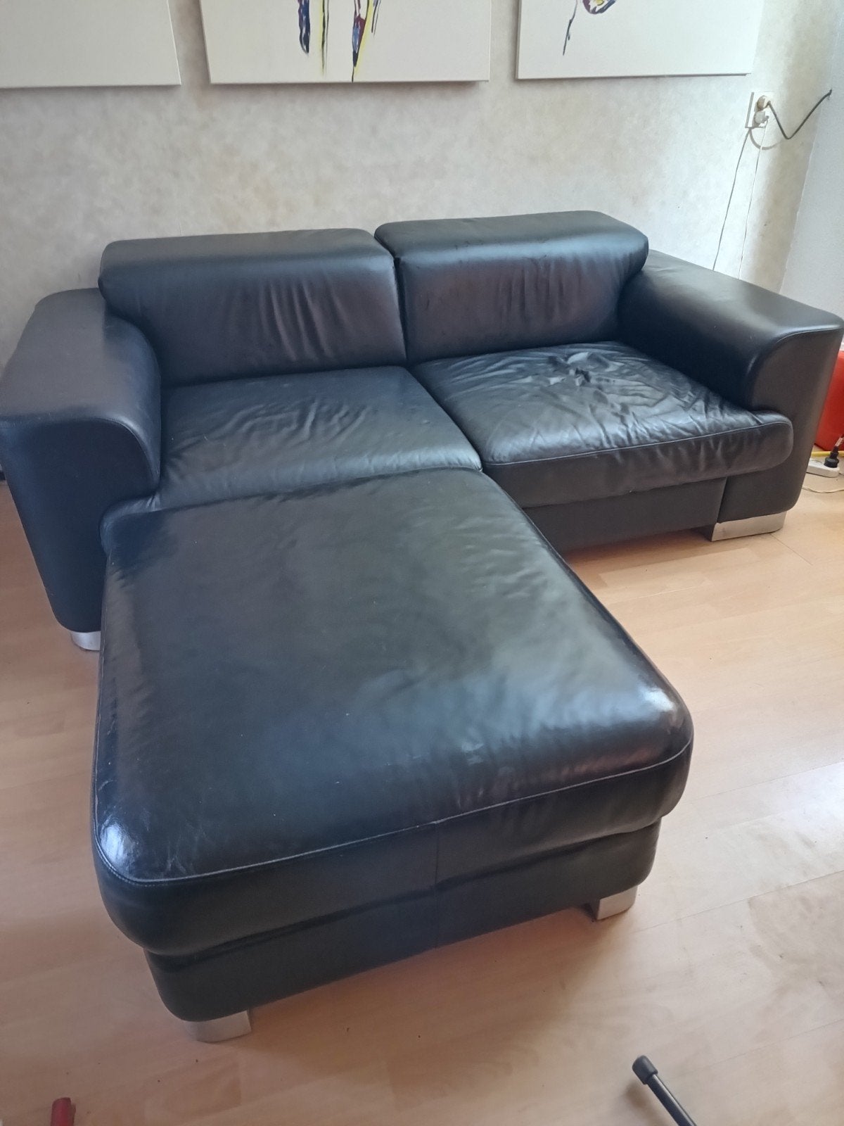 Montel tweezitsbank leer met hocker, Gebruikt, 150 tot 200 cm, Tweepersoons, Ophalen of Verzenden